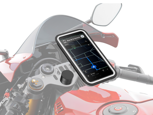 Soporte fijado en semimanillar de moto deportiva con funda táctil e impermeable, sujeción magnética segura, ángulo de visión ajustable.