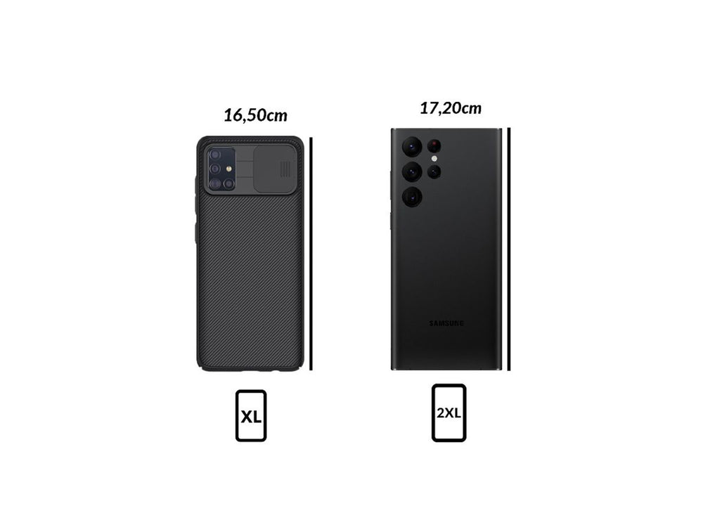 Guía de tallas de Shapeheart: fundas adecuadas para teléfonos de diferentes tamaños, disponibles en M, XL y 2XL.