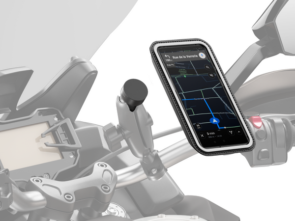 Soporte para teléfono de motocicleta con adaptador esférico que ofrece un ajuste óptimo para un posicionamiento preciso.